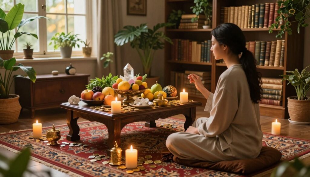 A mystical scene depicting a money ritual, set in a softly lit room filled with rich, warm colors. In the foreground, a serene practitioner, dressed in modest, professional attire, sits cross-legged on an ornate rug surrounded by glowing candles and symbolic artifacts representing wealth, like coins and gold. In the middle of the image, a luxurious table adorned with an abundance of fruits, herbs, and crystals enhances the sense of abundance. In the background, shelves filled with ancient books and vibrant plants lend an air of wisdom and growth. The atmosphere is peaceful yet charged with energy, emphasizing the connection to prosperity and abundance. Soft, golden light filters through an open window, illuminating the space and enhancing the mystical ambiance. A mystical scene depicting a money ritual, set in a softly lit room filled with rich, warm colors. In the foreground, a serene practitioner, dressed in modest, professional attire, sits cross-legged on an ornate rug surrounded by glowing candles and symbolic artifacts representing wealth, like coins and gold. In the middle of the image, a luxurious table adorned with an abundance of fruits, herbs, and crystals enhances the sense of abundance. In the background, shelves filled with ancient books and vibrant plants lend an air of wisdom and growth. The atmosphere is peaceful yet charged with energy, emphasizing the connection to prosperity and abundance. Soft, golden light filters through an open window, illuminating the space and enhancing the mystical ambiance.