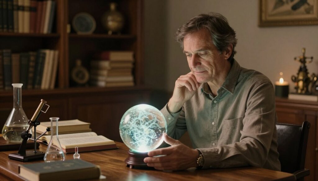 A mystical scene depicting a psychic in a serene, contemplative pose, emphasizing the abilities of clairvoyance in service to humanity and science. In the foreground, a middle-aged man with a kind expression, dressed in modest, professional clothing, gazes thoughtfully at a crystal ball that glows softly with ethereal light. In the middle ground, various scientific instruments and books spread across a wooden table, symbolizing the bridge between spirituality and knowledge. The background features a softly illuminated study with shelves filled with ancient texts and artifacts, lending an air of wisdom and serenity. The lighting is warm and inviting, creating a tranquil atmosphere that encourages reflection and introspection, captured from a slightly elevated angle for a dynamic perspective. A mystical scene depicting a psychic in a serene, contemplative pose, emphasizing the abilities of clairvoyance in service to humanity and science. In the foreground, a middle-aged man with a kind expression, dressed in modest, professional clothing, gazes thoughtfully at a crystal ball that glows softly with ethereal light. In the middle ground, various scientific instruments and books spread across a wooden table, symbolizing the bridge between spirituality and knowledge. The background features a softly illuminated study with shelves filled with ancient texts and artifacts, lending an air of wisdom and serenity. The lighting is warm and inviting, creating a tranquil atmosphere that encourages reflection and introspection, captured from a slightly elevated angle for a dynamic perspective.