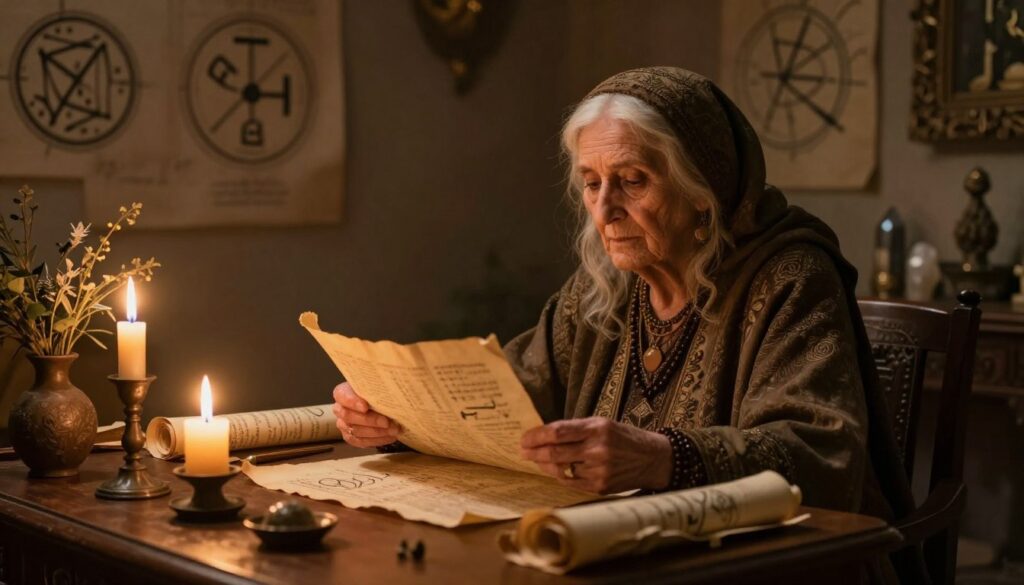 A mystical scene depicting a wise elder woman resembling Baba Wanga, seated at an ornate wooden table filled with ancient scrolls and mystical artifacts. In the foreground, shimmering candles flicker softly, casting warm golden light that dances over her weathered hands as she examines a scroll, deep in thought. The middle ground features intricate symbols and drawings on the walls, suggesting deep knowledge and prophecy. In the background, a dimly lit room is adorned with herbs and crystals, exuding an atmosphere of quiet contemplation and mystery. The overall mood is one of intrigue and reverence, highlighting the allure of prophetic visions and their controversial nature. The image should have a soft focus, enhancing the sense of timelessness and wisdom.