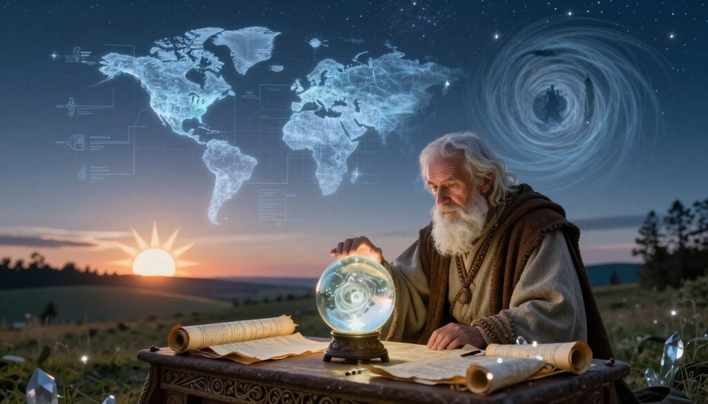 A mystical scene depicting a wise seer interpreting prophecies for Poland and the world. In the foreground, an elderly man dressed in traditional, modest robes sits at an ornate table filled with ancient scrolls and glowing crystals, intently gazing into a swirling crystal ball. The middle ground features ethereal wisps of light forming blueprints of significant global events, such as a rising sun over a serene landscape symbolizing hope, and shadows of unseen forces in a swirling vortex. The background is a starry night sky transitioning into dawn, illuminating the seer's surroundings with soft, ethereal light that conveys a sense of wisdom and anticipation. The overall mood is both serene and enigmatic, inviting contemplation of future possibilities. Use a wide-angle lens for depth.