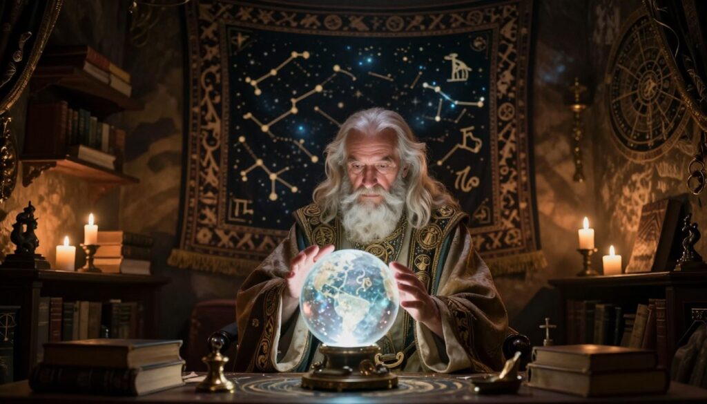 A mystical scene depicting an astrologer in a richly decorated room filled with celestial charts and glowing orbs. In the foreground, the astrologer, a wise-looking elderly man wearing a flowing robe with intricate astrological symbols, gazes thoughtfully into a crystal ball emanating a soft, ethereal light. Surrounding him are shelves lined with ancient books and lit candles, casting warm, flickering shadows on the walls. In the middle ground, richly textured tapestries hang depicting constellations, while faint outlines of zodiac signs shimmer in the background. The lighting is dim with highlights on the astrologer’s face, creating an enigmatic atmosphere. The perspective is slightly angled upward, giving a sense of grandeur and mystery to the scene, inviting the viewer to contemplate the secrets of the universe.