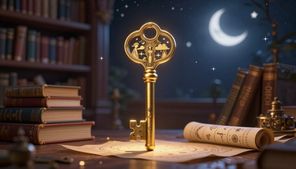 A mystical scene depicting an ornate key intricately designed with symbols representing dreams and interpretations. The key is positioned prominently in the foreground, casting a soft golden glow, highlighting details like tiny stars, clouds, and abstract figures that symbolize various dream themes. In the middle ground, a mysterious, softly lit library filled with ancient tomes and scrolls on dream symbolism creates a rich, inviting atmosphere. The background features a dreamy night sky with twinkling stars and a crescent moon, enhancing the ethereal quality of the scene. The lighting is warm and inviting, emphasizing a sense of calm and curiosity. Capture the mood of exploration and the quest for deeper understanding, inviting viewers to ponder the secrets of their dreams.