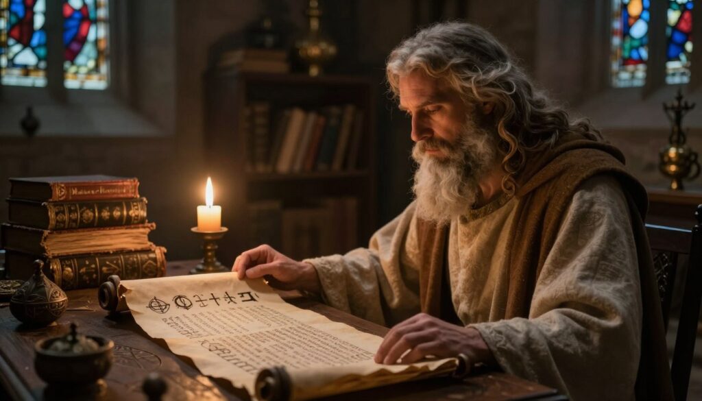 A mystical scene depicting the ancient prophecy of Malachiasz, featuring a wise, bearded figure in flowing robes, gazing thoughtfully at a scroll illuminated by flickering candlelight. In the foreground, the scroll unravels, revealing cryptic symbols and text related to predictions. The middle ground showcases a dimly lit medieval room filled with shelves of ancient tomes and mystical artifacts, enhancing the atmosphere of mystery and reverence. The background hints at stained glass windows, casting colorful patterns on the stone walls, suggesting a sacred space. The overall mood is contemplative and enigmatic, inviting viewers to ponder the significance of the prophecy. Soft, warm lighting highlights the figure and scroll, creating contrasts with the darker elements of the room. The angle captures the scene from a slightly elevated perspective for depth.