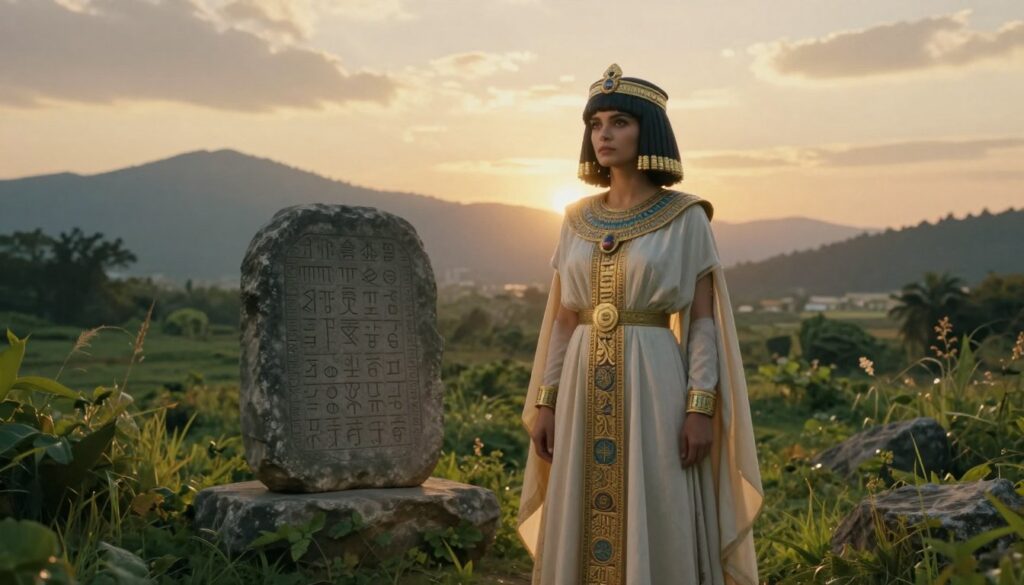 A mystical scene depicting the legendary Queen of Sheba standing majestically in a lush, verdant landscape, symbolizing her prophetic visions. In the foreground, she is clad in elegantly flowing robes adorned with intricate patterns, embodying wisdom and power. Her gaze is contemplative, hinting at the significance of her prophecies for Poland. The middle ground features an ancient stone tablet inscribed with cryptic symbols, representing her prophecies. In the background, a serene, dawn-lit sky casts a golden hue over distant mountains, instilling a sense of hope and destiny. The lighting creates a soft, ethereal glow around the figure, enhancing the mystical atmosphere. Shot with a wide-angle lens to capture the grandeur of the scene, evoking a feeling of reverence and contemplation about history and fate.
