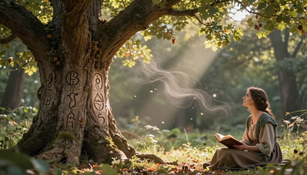 A mystical scene depicting the significance of the days of the week in folklore, featuring a serene forest glade as the background. The foreground showcases a large, ancient tree with intricate carvings representing each day of the week. Wispy, ethereal light streams through the leaves, highlighting subtle symbols and colors associated with Sunday to Saturday. In the middle ground, a gentle breeze causes petals to swirl, symbolizing the passage of time. Soft, warm light envelops the scene, creating an inviting atmosphere. To the right, a modestly dressed woman, looking contemplative, studies the tree's carvings, with her hands resting on a weathered journal. Shot with a 35mm lens to capture rich details and depth, evoking a sense of connection to cultural wisdom and nature's beauty. A mystical scene depicting the significance of the days of the week in folklore, featuring a serene forest glade as the background. The foreground showcases a large, ancient tree with intricate carvings representing each day of the week. Wispy, ethereal light streams through the leaves, highlighting subtle symbols and colors associated with Sunday to Saturday. In the middle ground, a gentle breeze causes petals to swirl, symbolizing the passage of time. Soft, warm light envelops the scene, creating an inviting atmosphere. To the right, a modestly dressed woman, looking contemplative, studies the tree's carvings, with her hands resting on a weathered journal. Shot with a 35mm lens to capture rich details and depth, evoking a sense of connection to cultural wisdom and nature's beauty.