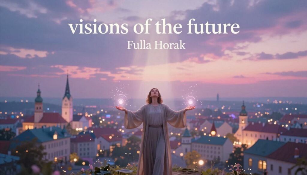 A mystical scene depicting "visions of the future" inspired by Fulla Horak, featuring a serene, ethereal landscape filled with soft, glowing lights. In the foreground, a figure dressed in modest, flowing robes stands with their arms open, eyes gazing upward, surrounded by shimmering orbs of energy that represent spiritual insights. The middle ground showcases symbolic representations of Poland’s cities, subtly integrated into the vibrant, dream-like scenery with hints of modern technology interwoven with traditional architecture. The background fades into a sky painted with swirling pastel colors, suggesting dawn or twilight, evoking a sense of hope and enlightenment. Soft beams of light shine through the clouds, illuminating the scene, creating a tranquil and reflective atmosphere. The depth of field is slightly blurred at the edges to emphasize the mystical figure and their connection to the visions surrounding them. A mystical scene depicting "visions of the future" inspired by Fulla Horak, featuring a serene, ethereal landscape filled with soft, glowing lights. In the foreground, a figure dressed in modest, flowing robes stands with their arms open, eyes gazing upward, surrounded by shimmering orbs of energy that represent spiritual insights. The middle ground showcases symbolic representations of Poland’s cities, subtly integrated into the vibrant, dream-like scenery with hints of modern technology interwoven with traditional architecture. The background fades into a sky painted with swirling pastel colors, suggesting dawn or twilight, evoking a sense of hope and enlightenment. Soft beams of light shine through the clouds, illuminating the scene, creating a tranquil and reflective atmosphere. The depth of field is slightly blurred at the edges to emphasize the mystical figure and their connection to the visions surrounding them.