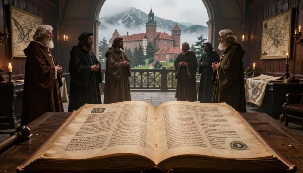 A mystical scene illustrating the concept of historical prophecies in Poland. In the foreground, an ancient book lies open, displaying intricate illustrations of notable Polish prophecies. Ethereal light emanates from the pages, casting a warm glow. In the middle ground, diverse historical figures, such as scholars and seers, interact thoughtfully, dressed in period-appropriate clothing. They stand in a dimly lit, wood-paneled room filled with maps and candles. In the background, iconic Polish landmarks, like Wawel Castle and the Tatra Mountains, appear shrouded in mist, symbolizing the mysteries of the past. The atmosphere is contemplative and slightly enigmatic, with soft, diffused lighting enhancing the sense of intrigue and reverence. The perspective is slightly elevated, giving an expansive view of the scene. A mystical scene illustrating the concept of historical prophecies in Poland. In the foreground, an ancient book lies open, displaying intricate illustrations of notable Polish prophecies. Ethereal light emanates from the pages, casting a warm glow. In the middle ground, diverse historical figures, such as scholars and seers, interact thoughtfully, dressed in period-appropriate clothing. They stand in a dimly lit, wood-paneled room filled with maps and candles. In the background, iconic Polish landmarks, like Wawel Castle and the Tatra Mountains, appear shrouded in mist, symbolizing the mysteries of the past. The atmosphere is contemplative and slightly enigmatic, with soft, diffused lighting enhancing the sense of intrigue and reverence. The perspective is slightly elevated, giving an expansive view of the scene.