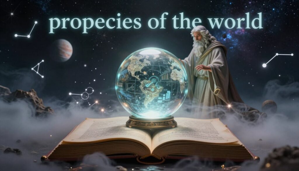 A mystical scene illustrating the concept of “prophecies of the world,” inspired by Nostradamus. In the foreground, an ancient, ornate book lies open, surrounded by swirling clouds of mist and ethereal lights, suggesting unseen forces at play. In the middle ground, an enigmatic figure resembling a sage, dressed in a flowing robe, gazes intently into a crystal ball, foreseeing modern events like natural disasters, political upheaval, and technological advancements, all subtly depicted in the ball's reflections. The background features a cosmic landscape with dark, starry skies, planets, and constellations, symbolizing the vast universe's mysteries. The lighting is dramatic, with a soft, ethereal glow emanating from the crystal ball, creating an atmosphere of intrigue and contemplation. The composition should evoke a sense of wonder and timelessness.