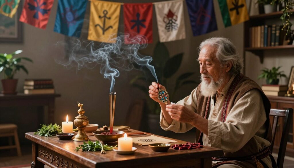 A mystical scene illustrating traditional rituals and superstitions, centered on an ornate wooden table adorned with candles, herbs, and ancient symbols. In the foreground, a wise elder in modest, culturally appropriate attire performs a ritual, holding a small, intricately crafted talisman. The middle ground features ethereal wisps of smoke rising from a burning incense stick, intertwining with colorful fabric banners that hang from above. The background reveals a dimly lit, cozy room filled with shelves of old books and potted plants, enhancing the atmosphere of wisdom and tradition. Soft, warm lighting creates a tranquil, introspective mood, while gentle shadows play across the scene, inviting the viewer into a world where rituals shape life's decisions. A mystical scene illustrating traditional rituals and superstitions, centered on an ornate wooden table adorned with candles, herbs, and ancient symbols. In the foreground, a wise elder in modest, culturally appropriate attire performs a ritual, holding a small, intricately crafted talisman. The middle ground features ethereal wisps of smoke rising from a burning incense stick, intertwining with colorful fabric banners that hang from above. The background reveals a dimly lit, cozy room filled with shelves of old books and potted plants, enhancing the atmosphere of wisdom and tradition. Soft, warm lighting creates a tranquil, introspective mood, while gentle shadows play across the scene, inviting the viewer into a world where rituals shape life's decisions.