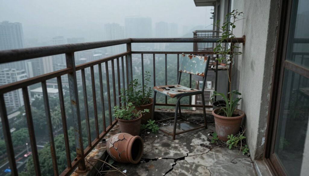 A neglected balcony, showcasing rusting metal railings and cracked concrete, surrounded by wilting potted plants. In the foreground, an empty, cracked ceramic pot lies on its side, while a tangle of weeds peeks through the crevices of the balcony floor. The middle ground features a broken chair, its paint peeling, hinting at years of absence. In the background, a hazy city skyline looms, partially obscured by a layer of soft fog. The lighting is dim and overcast, evoking a melancholic atmosphere, as shadows deepen the sense of decay. The image captures an unsettling yet realistic view from a high vantage point, emphasizing the precariousness and potential dangers of the dilapidated structure. The composition aims for a slightly elevated angle to enhance the feeling of height and vulnerability.