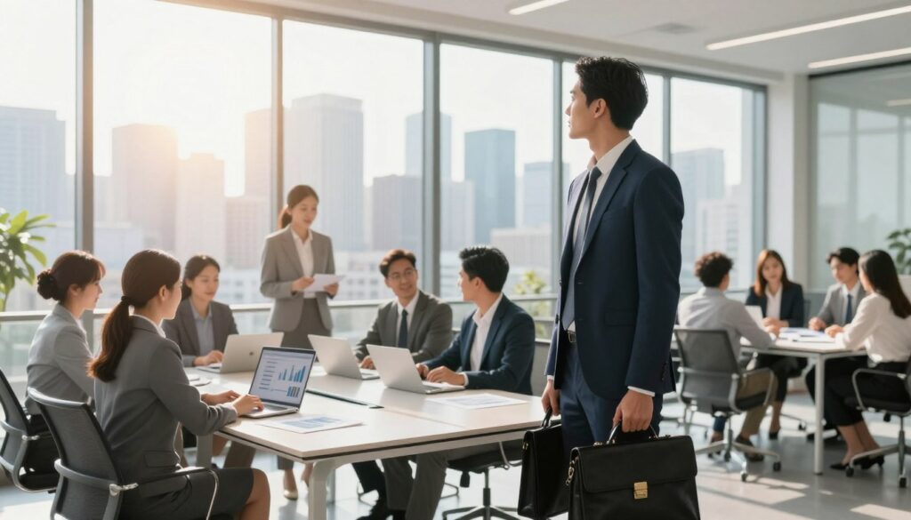 A professional, modern office setting representing career and finance. In the foreground, a confident Sagittarius zodiac figure stands, dressed in smart business attire, holding a briefcase and looking towards a large window, symbolizing opportunity. In the middle ground, a diverse group of professionals collaborate around a sleek conference table, discussing financial charts and projections, with laptops and documents spread out. The background features a city skyline with bright sunlight filtering through the glass, creating an optimistic and vibrant atmosphere. Incorporate soft, warm lighting to enhance a sense of hope and growth, using a wide-angle lens to capture the spaciousness of the office environment. The overall mood should be inspiring and dynamic, conveying ambition and potential in career development.