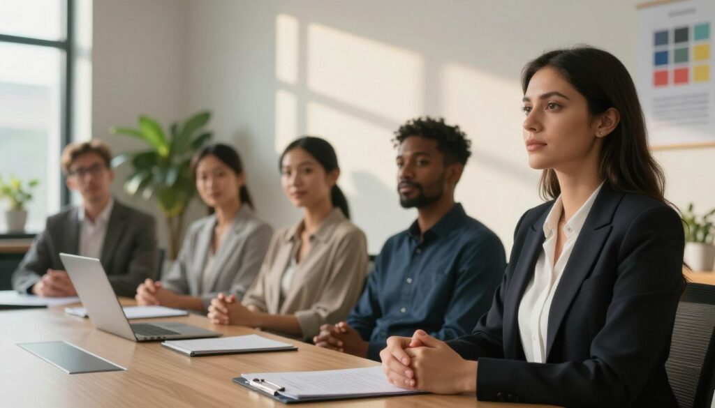 A professional office setting, featuring a group of diverse individuals engaged in a collaborative discussion around a conference table. In the foreground, a confident woman in business attire is sharing affirmations, her expression serene and focused, reflecting a sense of control. In the middle, a diverse team, featuring men and women of different ethnicities, nods in agreement, their facial expressions relaxed, embodying a calm atmosphere. The background includes soft, warm lighting filtering through large windows, casting gentle shadows and enhancing the feeling of tranquility. Decorative plants add a touch of nature, while motivational posters emphasizing positivity subtly adorn the walls. The entire scene conveys a harmonious blend of professionalism and reassurance, promoting the idea of calmness in stressful work situations.
