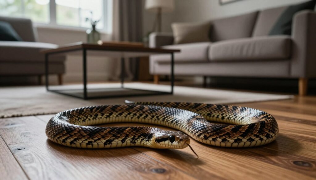 A realistic depiction of a snake coiled on a wooden floor in a cozy, modern living room. The snake, vibrant and textured, showcases intricate patterns and colors. In the foreground, the focus is on the snake, with shadows adding depth and tension. In the middle ground, a stylish coffee table and plush sofa hint at a warm, inviting space, but the atmosphere is tinged with unease. In the background, soft natural light filters through a large window, casting gentle highlights that illuminate the room while creating a contrast with the ominous presence of the snake. The mood is suspenseful and introspective, evoking feelings of caution and an awareness of hidden dangers in familiar environments.
