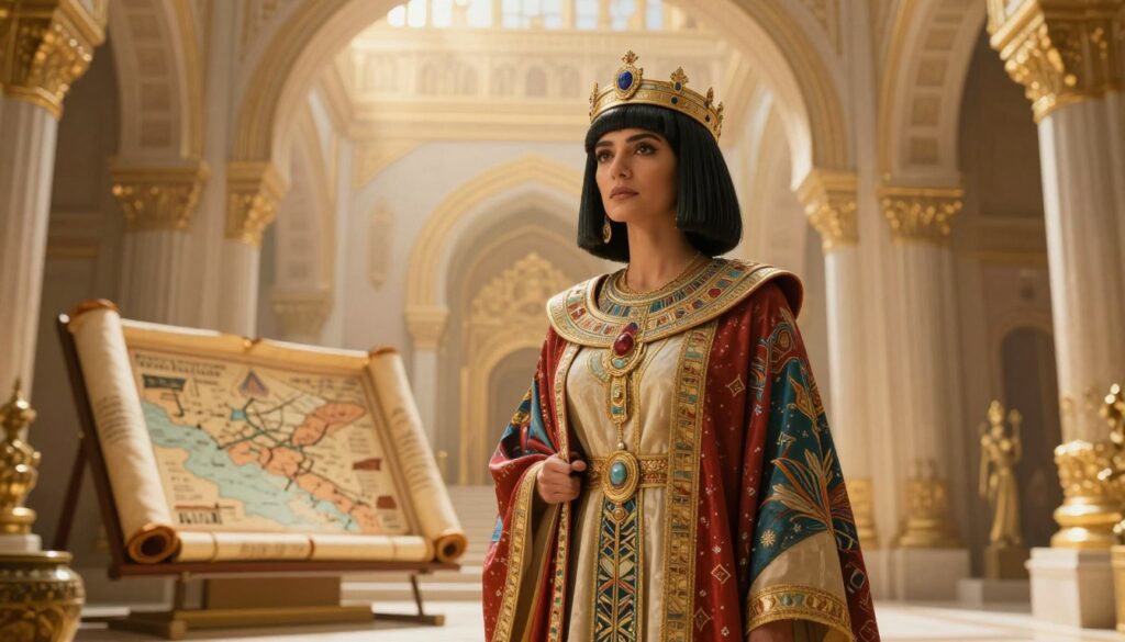 A regal representation of the Queen of Sheba, adorned in an opulent, historically inspired gown with intricate patterns and vibrant colors. She stands elegantly in the foreground, her expression wise and contemplative, with a jeweled crown atop her head. In the middle ground, ancient scrolls and artifacts are subtly displayed, symbolizing prophetic messages, with a detailed map of ancient kingdoms faintly visible. The background reveals an ethereal, opulent palace with golden accents, bathed in warm, golden sunlight that filters through grand archways, creating a serene and mystical atmosphere. The scene is captured from a low angle, emphasizing her majestic presence, inviting viewers into a world of prophecy and wisdom. A regal representation of the Queen of Sheba, adorned in an opulent, historically inspired gown with intricate patterns and vibrant colors. She stands elegantly in the foreground, her expression wise and contemplative, with a jeweled crown atop her head. In the middle ground, ancient scrolls and artifacts are subtly displayed, symbolizing prophetic messages, with a detailed map of ancient kingdoms faintly visible. The background reveals an ethereal, opulent palace with golden accents, bathed in warm, golden sunlight that filters through grand archways, creating a serene and mystical atmosphere. The scene is captured from a low angle, emphasizing her majestic presence, inviting viewers into a world of prophecy and wisdom.