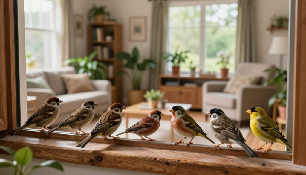 A scientific perspective on birds, illustrating a cozy indoor environment. In the foreground, a variety of colorful birds perched gracefully on a rustic wooden windowsill, showcasing species such as sparrows, finches, and a goldfinch, their feathers glistening in soft, natural light. The middle ground reveals a spacious living room filled with lush green plants and sunlight streaming through a large window, enhancing the room's warmth. In the background, a softly blurred bookshelf and a comfortable armchair create an inviting atmosphere. The composition captures the interaction between nature and the indoor space, emphasizing harmony and curiosity. The mood is tranquil and reflective, evoking a sense of wonder about the presence of birds within home settings. Shot with a warm color palette, enhancing the comfort of the setting.