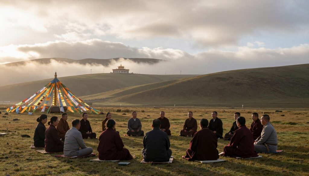 A serene Tibetan landscape during dawn, featuring a peaceful meditation scene in the foreground. A diverse group of practitioners, dressed in modest, professional attire, sit gracefully in a circle on a soft, grassy area, engaging in traditional Tibetan rituals. Their expressions convey tranquility and focus. In the middle ground, gently sloping hills and colorful prayer flags flutter in the light breeze, while a distant temple peeks through a light mist. The atmosphere is calm and contemplative, softened by warm, golden sunlight filtering through the clouds. A wide-angle perspective captures the harmony between the practitioners and their surroundings, emphasizing safety and connection to nature.