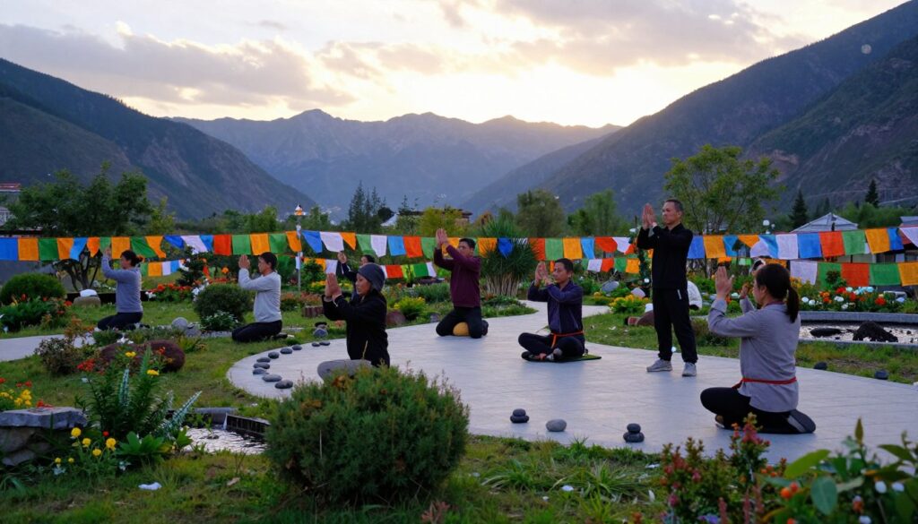A serene Tibetan landscape setting, with a tranquil mountain backdrop and soft sunrise lighting that casts a warm glow. In the foreground, a diverse group of individuals dressed in modest casual clothing, practicing Tibetan rituals—each demonstrating careful, precise movements in a scenic garden adorned with vibrant prayer flags and lush greenery. The middle ground features a smooth pathway winding through the garden, with small, carefully arranged stones symbolizing safety and guidance. The atmosphere is calm and meditative, evoking a sense of peace and mindfulness, reflecting the importance of precautions and safety guidelines associated with these practices. Natural elements like gentle flowing water and soft winds enhance the mood, creating an inviting space that emphasizes safety and care in the pursuit of wellness.