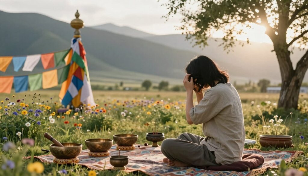 A serene Tibetan landscape showcasing a peaceful meditation space, featuring a variety of traditional Tibetan ritual objects like prayer flags, singing bowls, and incense burners arranged harmoniously. In the foreground, a person dressed in modest casual clothing is performing gentle hair rituals, surrounded by a calming aura, with soft morning light filtering through the trees, casting a warm glow. In the middle ground, colorful wildflowers represent the beauty of nature, while a distant mountain range in the background evokes a sense of tranquility and spiritual connection. The atmosphere is peaceful, with an overall feeling of mindfulness and holistic wellness, focusing on daily exercises for hair health inspired by Tibetan practices. The image captures a moment of calm and introspection, ideal for illustrating the theme of self-care and wellness. A serene Tibetan landscape showcasing a peaceful meditation space, featuring a variety of traditional Tibetan ritual objects like prayer flags, singing bowls, and incense burners arranged harmoniously. In the foreground, a person dressed in modest casual clothing is performing gentle hair rituals, surrounded by a calming aura, with soft morning light filtering through the trees, casting a warm glow. In the middle ground, colorful wildflowers represent the beauty of nature, while a distant mountain range in the background evokes a sense of tranquility and spiritual connection. The atmosphere is peaceful, with an overall feeling of mindfulness and holistic wellness, focusing on daily exercises for hair health inspired by Tibetan practices. The image captures a moment of calm and introspection, ideal for illustrating the theme of self-care and wellness.