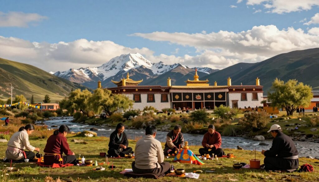 A serene Tibetan landscape showcasing the preparation for a traditional Tibetan ritual. In the foreground, a diverse group of individuals dressed in modest, colorful clothing, engaged in setting up ritual objects such as prayer flags, bowls, and incense. The middle ground features a peaceful temple adorned with intricate carvings, surrounded by lush greenery and a gentle stream flowing nearby. The background displays majestic snow-capped mountains under a bright blue sky, with soft clouds drifting. The lighting is warm, suggesting an early morning atmosphere, casting a calming glow over the scene. The overall mood is tranquil and respectful, evoking a sense of spiritual preparation and mindfulness. A serene Tibetan landscape showcasing the preparation for a traditional Tibetan ritual. In the foreground, a diverse group of individuals dressed in modest, colorful clothing, engaged in setting up ritual objects such as prayer flags, bowls, and incense. The middle ground features a peaceful temple adorned with intricate carvings, surrounded by lush greenery and a gentle stream flowing nearby. The background displays majestic snow-capped mountains under a bright blue sky, with soft clouds drifting. The lighting is warm, suggesting an early morning atmosphere, casting a calming glow over the scene. The overall mood is tranquil and respectful, evoking a sense of spiritual preparation and mindfulness.