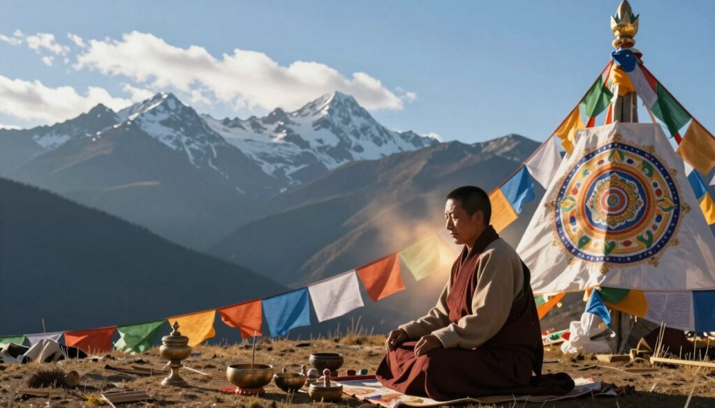 A serene Tibetan landscape showing an experienced practitioner performing traditional rituals, surrounded by ancient prayer flags and intricate mandalas. In the foreground, depict a figure in modest, professional attire seated in a meditative pose, hands resting on their knees. In the middle ground, soft light filters through the mountains, illuminating the practitioner with a warm glow. A variety of Tibetan artifacts, such as bowls and incense, can be seen nearby. The background features majestic, snow-capped mountains under a clear blue sky with wispy clouds. The overall atmosphere is calm and tranquil, evoking a deep connection between body and mind, highlighting the peaceful effects of Tibetan rituals. Use soft, natural lighting to enhance the spiritual ambiance. A serene Tibetan landscape showing an experienced practitioner performing traditional rituals, surrounded by ancient prayer flags and intricate mandalas. In the foreground, depict a figure in modest, professional attire seated in a meditative pose, hands resting on their knees. In the middle ground, soft light filters through the mountains, illuminating the practitioner with a warm glow. A variety of Tibetan artifacts, such as bowls and incense, can be seen nearby. The background features majestic, snow-capped mountains under a clear blue sky with wispy clouds. The overall atmosphere is calm and tranquil, evoking a deep connection between body and mind, highlighting the peaceful effects of Tibetan rituals. Use soft, natural lighting to enhance the spiritual ambiance.