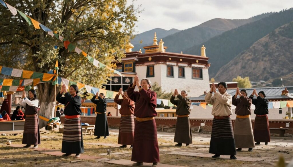 A serene Tibetan monastery nestled in the Himalayas, surrounded by majestic mountains. In the foreground, a group of diverse individuals practicing Tibetan rituals, dressed in modest, culturally appropriate clothing. They are engaged in graceful movements and exercises, embodying vitality and harmony. Soft, warm sunlight filters through the trees, casting a gentle glow on their focused expressions. The middle ground features prayer flags fluttering in the breeze, enhancing the spiritual ambiance. In the background, the monastery's intricate architecture is visible, with colorful details that reflect Tibetan culture. The overall atmosphere is tranquil and rejuvenating, inviting viewers to feel the essence of vitality through these ancient practices. The image captures the journey of self-discovery and well-being through Tibetan rituals, emphasizing connection with nature and mindfulness. A serene Tibetan monastery nestled in the Himalayas, surrounded by majestic mountains. In the foreground, a group of diverse individuals practicing Tibetan rituals, dressed in modest, culturally appropriate clothing. They are engaged in graceful movements and exercises, embodying vitality and harmony. Soft, warm sunlight filters through the trees, casting a gentle glow on their focused expressions. The middle ground features prayer flags fluttering in the breeze, enhancing the spiritual ambiance. In the background, the monastery's intricate architecture is visible, with colorful details that reflect Tibetan culture. The overall atmosphere is tranquil and rejuvenating, inviting viewers to feel the essence of vitality through these ancient practices. The image captures the journey of self-discovery and well-being through Tibetan rituals, emphasizing connection with nature and mindfulness.