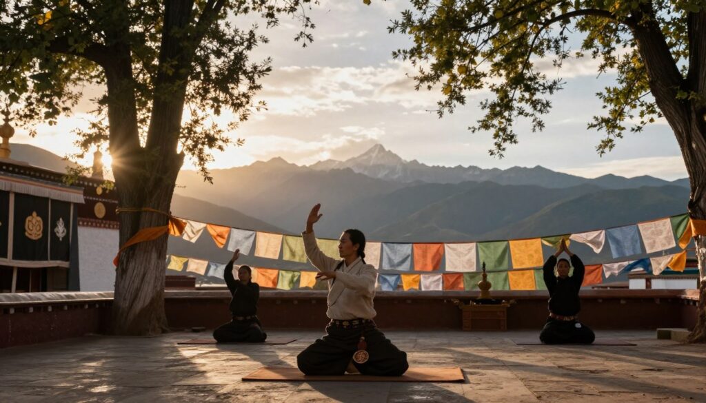 A serene Tibetan monastery setting, focusing on the intricate rituals of Tibetan exercises in a tranquil environment. In the foreground, a skilled practitioner performs a specific exercise sequence, dressed in modest, traditional attire, showcasing graceful movements. The middle ground features ornate prayer flags fluttering against a backdrop of majestic Himalayan mountains under a soft, golden sunrise. Gentle rays of light filter through the trees, creating an ethereal ambiance, highlighting the spiritual essence of the practice. The atmosphere is calm and contemplative, inviting viewers to reflect on the beauty and discipline of Tibetan rituals. The composition should have a balanced perspective as if viewed through a slightly elevated lens, evoking a sense of harmony and peace.