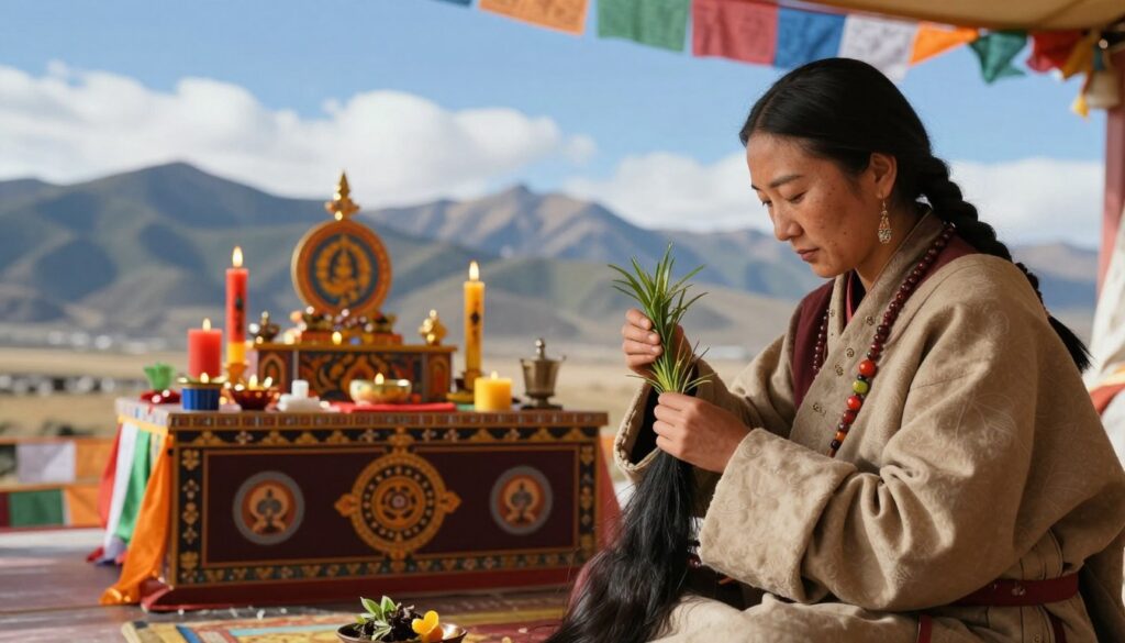 A serene Tibetan ritual scene focused on hair wellness and overall health. In the foreground, a calm Tibetan practitioner dressed in traditional, modest attire gently performs hair care rituals using natural herbs and oils, showcasing intricate hand movements. In the middle ground, a small, ornate altar adorned with colorful Tibetan prayer flags, candles, and mystical symbols emphasizes the spiritual aspect. The background features a peaceful Himalayan landscape with majestic mountains and a clear blue sky, creating a sense of tranquility. Soft, warm lighting bathes the scene, evoking a sense of harmony and wellness. The atmosphere is peaceful and introspective, inviting viewers to reflect on the connection between these rituals and physical well-being. A serene Tibetan ritual scene focused on hair wellness and overall health. In the foreground, a calm Tibetan practitioner dressed in traditional, modest attire gently performs hair care rituals using natural herbs and oils, showcasing intricate hand movements. In the middle ground, a small, ornate altar adorned with colorful Tibetan prayer flags, candles, and mystical symbols emphasizes the spiritual aspect. The background features a peaceful Himalayan landscape with majestic mountains and a clear blue sky, creating a sense of tranquility. Soft, warm lighting bathes the scene, evoking a sense of harmony and wellness. The atmosphere is peaceful and introspective, inviting viewers to reflect on the connection between these rituals and physical well-being.
