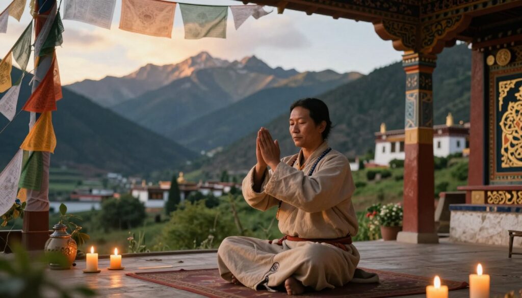 A serene Tibetan setting showcasing the technique of performing the Five Tibetan Rites. In the foreground, a calm practitioner in modest, simple attire demonstrates the first rite, surrounded by softly glowing candles and vibrant prayer flags fluttering in the gentle breeze. The middle ground features a stunning Himalayan landscape with lush greenery and distant mountains bathed in warm sunlight, creating a sense of tranquility. The background is adorned with intricate Tibetan motifs and a peaceful monastery nestled against the mountains. The lighting is soft and ethereal, casting gentle shadows and highlighting the peaceful expression on the practitioner's face, evoking a meditative atmosphere, as the image captures the essence of ancient rituals and spiritual practice in Tibetan culture. A serene Tibetan setting showcasing the technique of performing the Five Tibetan Rites. In the foreground, a calm practitioner in modest, simple attire demonstrates the first rite, surrounded by softly glowing candles and vibrant prayer flags fluttering in the gentle breeze. The middle ground features a stunning Himalayan landscape with lush greenery and distant mountains bathed in warm sunlight, creating a sense of tranquility. The background is adorned with intricate Tibetan motifs and a peaceful monastery nestled against the mountains. The lighting is soft and ethereal, casting gentle shadows and highlighting the peaceful expression on the practitioner's face, evoking a meditative atmosphere, as the image captures the essence of ancient rituals and spiritual practice in Tibetan culture.