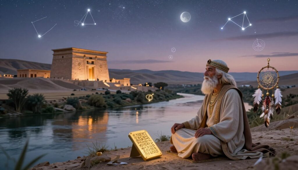 A serene, ancient Mesopotamian landscape at dusk, featuring rolling hills and a reflection of the moon over a tranquil river. In the foreground, a wise, elderly figure in traditional Mesopotamian attire sits cross-legged, surrounded by symbolic dream elements like a golden tablet inscribed with cuneiform script, a dreamcatcher woven from feathers, and mystical symbols floating gently in the air. The middle ground showcases ancient stone structures, reminiscent of ziggurats, bathed in a soft, ethereal glow. The background unfolds with starry skies and constellations illuminating the horizon, enhancing the atmosphere of ancient wisdom and mystery. Use soft, diffused lighting to create a tranquil and contemplative mood, capturing the essence of dream interpretation in an ancient context. A serene, ancient Mesopotamian landscape at dusk, featuring rolling hills and a reflection of the moon over a tranquil river. In the foreground, a wise, elderly figure in traditional Mesopotamian attire sits cross-legged, surrounded by symbolic dream elements like a golden tablet inscribed with cuneiform script, a dreamcatcher woven from feathers, and mystical symbols floating gently in the air. The middle ground showcases ancient stone structures, reminiscent of ziggurats, bathed in a soft, ethereal glow. The background unfolds with starry skies and constellations illuminating the horizon, enhancing the atmosphere of ancient wisdom and mystery. Use soft, diffused lighting to create a tranquil and contemplative mood, capturing the essence of dream interpretation in an ancient context.