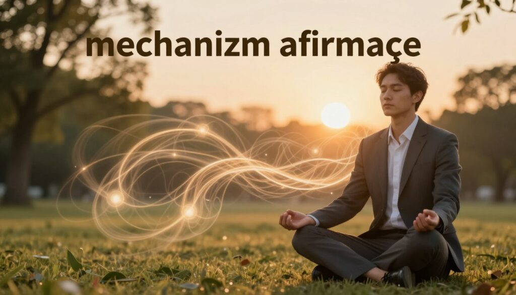 A serene and calming scene illustrating the concept of "mechanizm afirmacje" as it relates to stress in the nervous system. In the foreground, a meditative figure in professional business attire sits cross-legged, eyes closed, embodying tranquility and focus. The middle ground features soft, swirling patterns of light and energy, symbolizing positive affirmations integrating into the nervous system, creating a visual connection between mental peace and physiological well-being. In the background, a tranquil nature setting with gentle trees and a soft, glowing sunset, casting warm golden hues, enhances the atmosphere of relaxation. Utilize soft, diffused lighting to evoke a sense of calm and safety, with a shallow depth of field to draw attention to the figure and the dynamic patterns. The overall mood should inspire a sense of control and harmony.