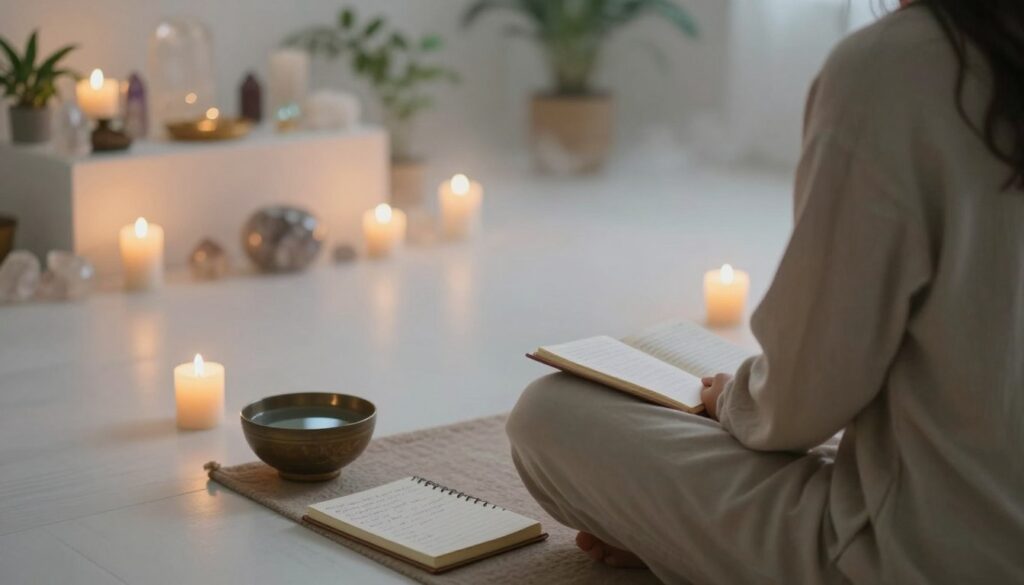 A serene and contemplative scene depicting the preparation for a ritual of release from the past. In the foreground, a person in modest, casual clothing sits cross-legged on a soft mat surrounded by symbolic items: a small bowl with water, candles flickering gently, and a journal with an open page filled with handwritten notes. The middle layer features an ethereal atmosphere with soft, diffused lighting that creates a tranquil ambiance. In the background, a softly illuminated altar with crystals and plants enhances the peaceful setting, suggesting a connection to nature. The overall mood is introspective and calming, inviting viewers to reflect on the emotional journey of letting go. The angle is slightly elevated, offering a panoramic view of the entire scene, accentuating the ritual's importance.