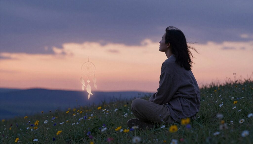 A serene and contemplative scene featuring a person sitting cross-legged on a soft grassy hill at dusk, gazing thoughtfully into the horizon. The individual, dressed in modest casual clothing, embodies a sense of calm and introspection, with a gentle breeze rustling through their hair. In the foreground, wildflowers bloom vibrantly, representing the richness of dreams and intuition. The middle ground showcases a subtle, ethereal glow around the outline of a dreamcatcher, symbolizing the connection between knowledge and intuition. In the background, a watercolor sky transitions from deep indigo to warm peach, suggesting a peaceful twilight atmosphere. The lighting is soft and warm, casting long shadows, creating a dreamy, inviting mood. The composition captures the essence of introspection and the synthesis of personal insight with traditional dream interpretation.