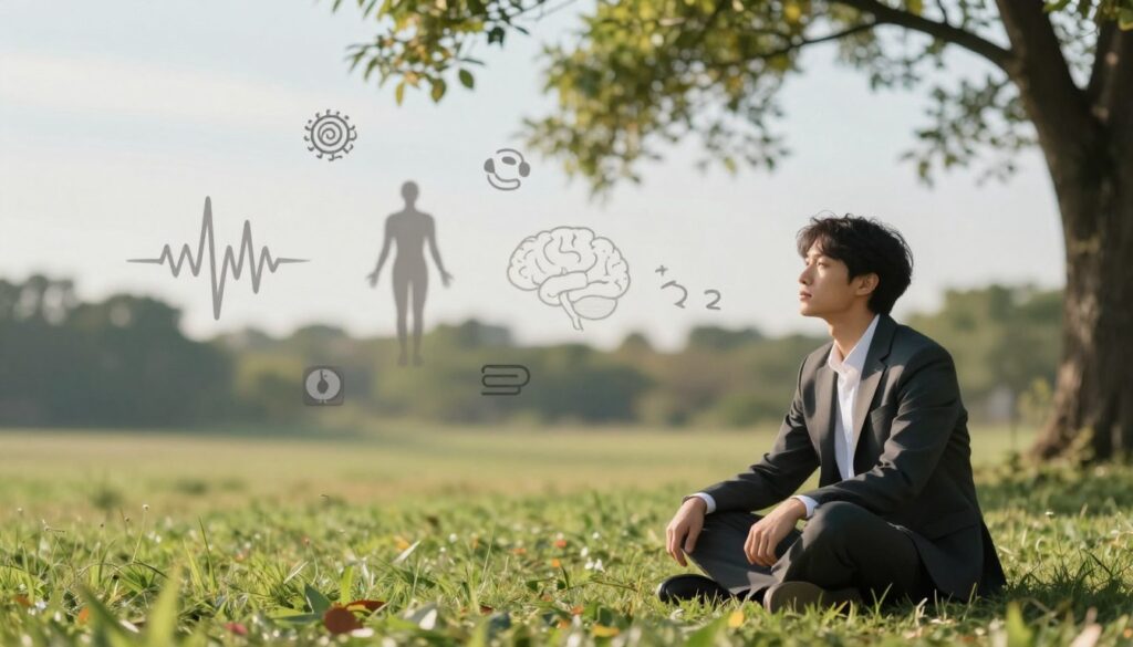 A serene and contemplative scene reflecting the psychological beliefs surrounding bodily signals. In the foreground, a thoughtful individual dressed in professional attire, sitting cross-legged on a soft, grassy meadow, looking introspective. In the middle ground, abstract representations of floating symbols and icons, like a gentle swirl of thoughts, brainwaves, and body silhouettes, suggesting the connection between mind and body. The background features soft, blurred nature elements, such as trees and a calm sky, creating a peaceful atmosphere. Natural sunlight filters through the leaves, casting subtle shadows, enhancing the contemplative mood. The scene evokes a sense of exploration into the mind's interpretations of physical sensations, inviting the viewer to ponder the psychological aspects of bodily signals.