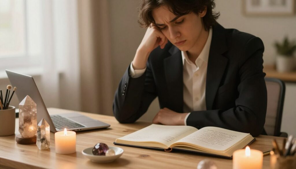 A serene and contemplative workspace depicting "common mistakes when working with energy." In the foreground, a neatly organized desk with crystals, candles, and an open journal displaying notes on energy practices. The middle ground features a person in professional business attire, seated at the desk, looking thoughtfully at their notes with a slightly furrowed brow, symbolizing reflection. The background includes a soft ambient light filtering through sheer curtains, enhancing the calming atmosphere. The scene is bathed in warm, golden lighting to suggest a tranquil energy. Use a shallow depth of field to keep the focus on the person and desk while softly blurring the background, creating an inviting and peaceful mood.