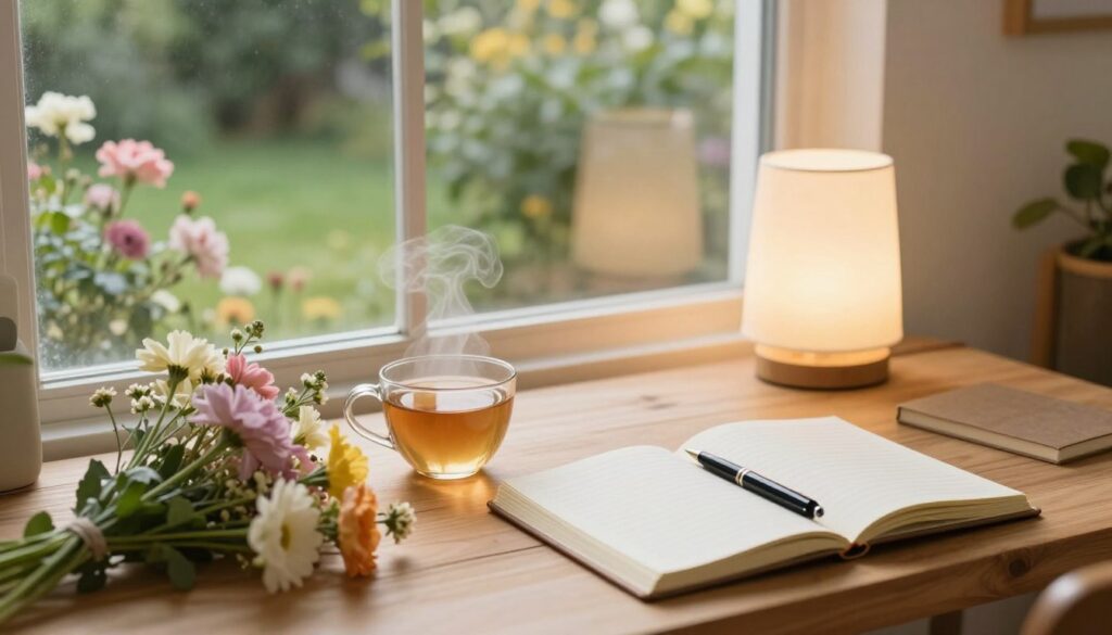 A serene and cozy morning scene depicting an inviting workspace designed for daily affirmations. In the foreground, a wooden desk adorned with a beautifully arranged bouquet of fresh flowers, a steaming cup of herbal tea, and an open journal with a pen poised, inviting reflection. The middle ground features a softly glowing lamp casting warm light, creating a calming environment. In the background, a large window reveals a sunlit garden with blooming flowers and gentle greenery, symbolizing growth and positivity. The atmosphere feels peaceful and motivating, with natural light illuminating the space. The angle is slightly above eye level, providing a broad view of the tranquil setting, evoking a sense of inspiration and routine in personal development. A serene and cozy morning scene depicting an inviting workspace designed for daily affirmations. In the foreground, a wooden desk adorned with a beautifully arranged bouquet of fresh flowers, a steaming cup of herbal tea, and an open journal with a pen poised, inviting reflection. The middle ground features a softly glowing lamp casting warm light, creating a calming environment. In the background, a large window reveals a sunlit garden with blooming flowers and gentle greenery, symbolizing growth and positivity. The atmosphere feels peaceful and motivating, with natural light illuminating the space. The angle is slightly above eye level, providing a broad view of the tranquil setting, evoking a sense of inspiration and routine in personal development.