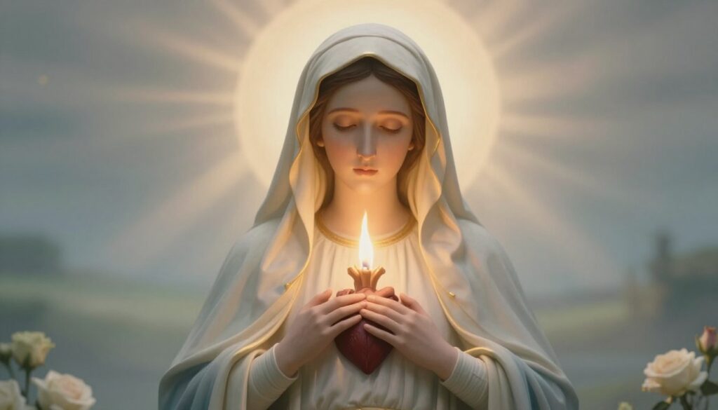 A serene and ethereal depiction of the Immaculate Heart of Mary, surrounded by soft light radiating from the heart itself. In the foreground, the heart is beautifully adorned with roses, symbolizing purity and love, with delicate flames on top, representing her divine love. The middle ground features gentle rays of light casting a warm glow, creating a divine atmosphere. The background is a soft, blurred depiction of a peaceful landscape, suggesting tranquility and spiritual presence. The image is lit with a soft, heavenly light, emphasizing a sense of hope and devotion. The overall mood is uplifting and reverent, capturing the essence of Mary’s role in the prophetic messages, evoking a deep sense of contemplation and faith.
