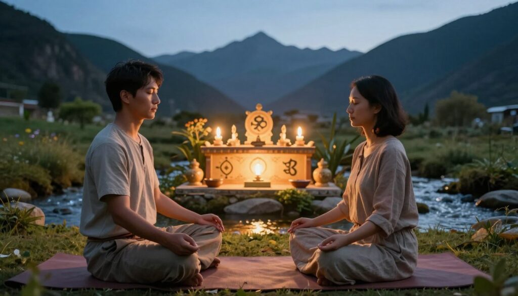 A serene and focused scene depicting the role of intuition in daily training, set in a tranquil Tibetan environment. In the foreground, a person in modest casual attire sits on a mat, practicing meditation with closed eyes, hands resting on their knees. The middle ground features a softly glowing altar adorned with traditional Tibetan symbols, surrounded by lush greenery and gentle stream of water, symbolizing harmony. In the background, majestic mountains rise under a clear blue sky, adding to the peaceful atmosphere. The lighting is warm and inviting, casting soft shadows, while an ethereal glow enhances the feeling of intuition and calmness. The mood is reflective and inspiring, encapsulating the essence of mindfulness and awareness in training practices. A serene and focused scene depicting the role of intuition in daily training, set in a tranquil Tibetan environment. In the foreground, a person in modest casual attire sits on a mat, practicing meditation with closed eyes, hands resting on their knees. The middle ground features a softly glowing altar adorned with traditional Tibetan symbols, surrounded by lush greenery and gentle stream of water, symbolizing harmony. In the background, majestic mountains rise under a clear blue sky, adding to the peaceful atmosphere. The lighting is warm and inviting, casting soft shadows, while an ethereal glow enhances the feeling of intuition and calmness. The mood is reflective and inspiring, encapsulating the essence of mindfulness and awareness in training practices.