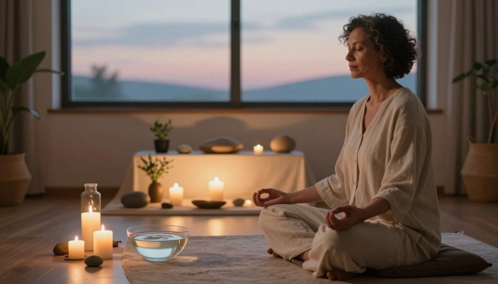 A serene and focused setting depicting a mental preparation ritual for cutting ties, with a tranquil figure seated cross-legged on a soft rug in the foreground, wearing modest, comfortable clothing. The individual, a middle-aged person of diverse ethnicity, is meditating, surrounded by symbols of release such as white candles and a small bowl of water. In the middle ground, a softly glowing altar adorned with natural elements like stones and herbs enhances the atmosphere. The background reveals a window against a twilight sky, casting gentle, warm light that creates an ethereal glow, enhancing feelings of introspection and clarity. The mood is peaceful and reflective, inviting a sense of closure and intention.