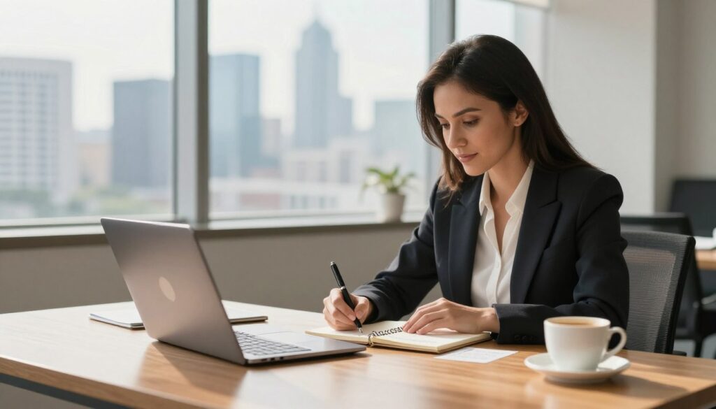 A serene and inspiring office environment filled with natural light. In the foreground, a polished wooden desk showcases a sleek laptop, a notepad with affirmations of success, and a coffee cup. In the middle, a focused professional woman dressed in a smart business suit is writing down her career aspirations, her expression determined and optimistic. The background features a large window offering a view of a modern city skyline, symbolizing success and achievement. Soft, warm lighting creates an uplifting and motivating atmosphere, with a subtle depth of field to highlight the woman and her workspace while softly blurring the background.