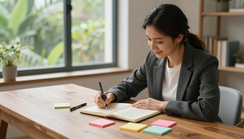 A serene and inspiring workspace environment featuring a large, elegantly designed desk made of polished wood. On the desk, there are several items symbolizing affirmation creation: a notebook filled with handwritten positive affirmations, vibrant sticky notes in various colors, and a stylish pen. In the foreground, a confident individual dressed in smart casual attire is thoughtfully writing down affirmations, with a focused expression and gentle smile. The background showcases a window with soft natural light streaming in, illuminating a lush green garden outside, creating an atmosphere of tranquility and positivity. The overall mood is uplifting and motivational, emphasizing clarity, intention, and the transformative power of affirmations.
