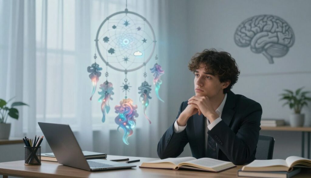 A serene and introspective scene depicting the psychological interpretation of dreams. In the foreground, a thoughtful individual in business attire sits at a desk, surrounded by open books and dream journals, deep in contemplation. The middle ground features a large, ethereal dreamcatcher adorned with symbolic dream images like clouds, stars, and abstract forms, softly glowing against the backdrop. The background is a tranquil room filled with soft, ambient light filtering through sheer curtains, creating a peaceful atmosphere. A shadowy outline of a brain floats above, illustrating the connection to psychology. The mood is contemplative and enlightening, inviting viewers to explore the depths of their subconscious.
