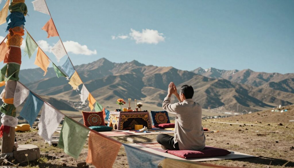 A serene and inviting Tibetan ritual setting, featuring a practitioner in modest casual clothing engaged in traditional exercises. In the foreground, display intricate Tibetan prayer flags gently fluttering in a soft breeze. In the middle ground, include a tranquil meditation area adorned with colorful cushions and a small altar with offerings such as flowers and incense, creating a calm and spiritual ambiance. The background should depict majestic Himalayan mountains under a clear blue sky, symbolizing peace and enlightenment. Soft, natural light envelops the scene, enhancing the serene atmosphere. Use a wide-angle lens to capture the expansive landscape while focusing on the practitioner, conveying a sense of harmony and connection. The overall mood is peaceful and reflective, embodying the essence of Tibetan rituals. A serene and inviting Tibetan ritual setting, featuring a practitioner in modest casual clothing engaged in traditional exercises. In the foreground, display intricate Tibetan prayer flags gently fluttering in a soft breeze. In the middle ground, include a tranquil meditation area adorned with colorful cushions and a small altar with offerings such as flowers and incense, creating a calm and spiritual ambiance. The background should depict majestic Himalayan mountains under a clear blue sky, symbolizing peace and enlightenment. Soft, natural light envelops the scene, enhancing the serene atmosphere. Use a wide-angle lens to capture the expansive landscape while focusing on the practitioner, conveying a sense of harmony and connection. The overall mood is peaceful and reflective, embodying the essence of Tibetan rituals.