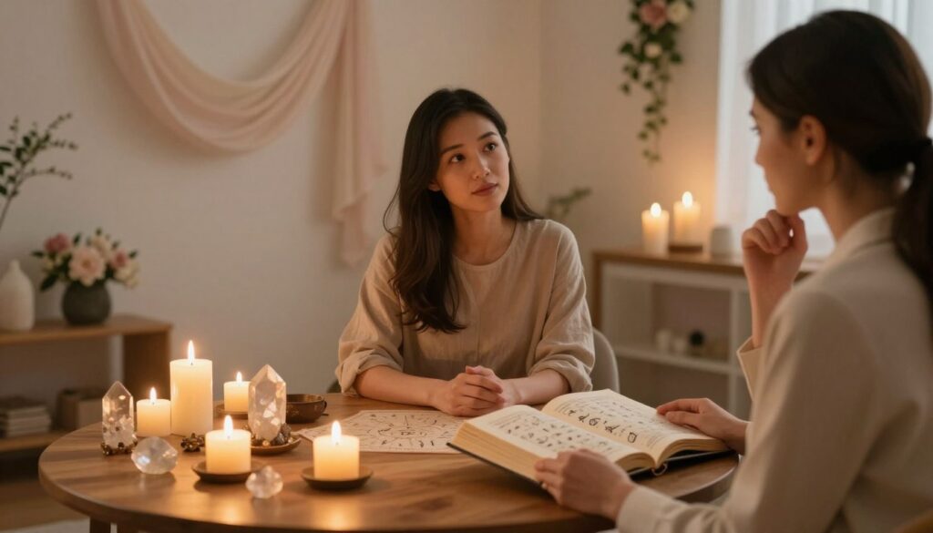 A serene and inviting consultation room for a love ritual, featuring a round wooden table adorned with crystals and candles, radiating warm candlelight. In the foreground, a professional consultant dressed in smart business attire, gazing thoughtfully at an open book filled with mystical symbols. In the middle, an engaged client, dressed in modest casual clothing, is listening intently, looking intrigued and hopeful. Ethereal decorations like flowing fabric and soft floral arrangements hang in the background, creating a calming atmosphere. The lighting is soft and warm, casting gentle shadows that enhance the mystical ambiance, with a slight lens blur on the edges to focus on the engaging interaction at the table. The overall mood is serene, respectful, and reflective of a positive and supportive consultation experience.