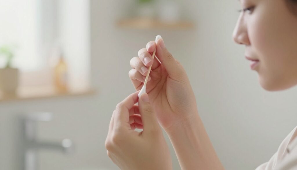 A serene and inviting scene depicting ear care, featuring a soft-focus close-up of a person gently cupping their ear with one hand, using a cotton swab in the other hand. The individual, dressed in casual but professional attire, has a calm expression, reflecting the importance of treating sensitive skin with care. The background is softly blurred, showcasing a well-lit bathroom environment with soothing pastel colors. Natural light from a nearby window creates an ethereal glow, adding warmth to the image. The composition captures an intimate and nurturing atmosphere, emphasizing the themes of hygiene and self-care for delicate ear skin. A serene and inviting scene depicting ear care, featuring a soft-focus close-up of a person gently cupping their ear with one hand, using a cotton swab in the other hand. The individual, dressed in casual but professional attire, has a calm expression, reflecting the importance of treating sensitive skin with care. The background is softly blurred, showcasing a well-lit bathroom environment with soothing pastel colors. Natural light from a nearby window creates an ethereal glow, adding warmth to the image. The composition captures an intimate and nurturing atmosphere, emphasizing the themes of hygiene and self-care for delicate ear skin.