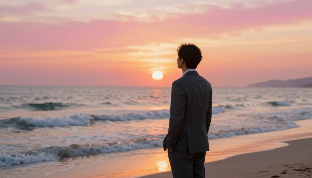 A serene and inviting scene depicting the concept of free will in the law of attraction. In the foreground, a thoughtful individual in professional attire stands on a tranquil beach at sunset, gazing out at the horizon, symbolizing introspection and intent. The middle layer features soft waves gently lapping at the shore, representing the ebb and flow of the universe's energies. In the background, vibrant colors of orange, pink, and gold paint the sky, reflecting the warmth and possibility of manifestation. Bright yet soft lighting casts a gentle glow on the scene, creating an atmosphere of hope and potential. The composition captures a moment of contemplation, embodying the idea of setting intentions while respecting personal boundaries.