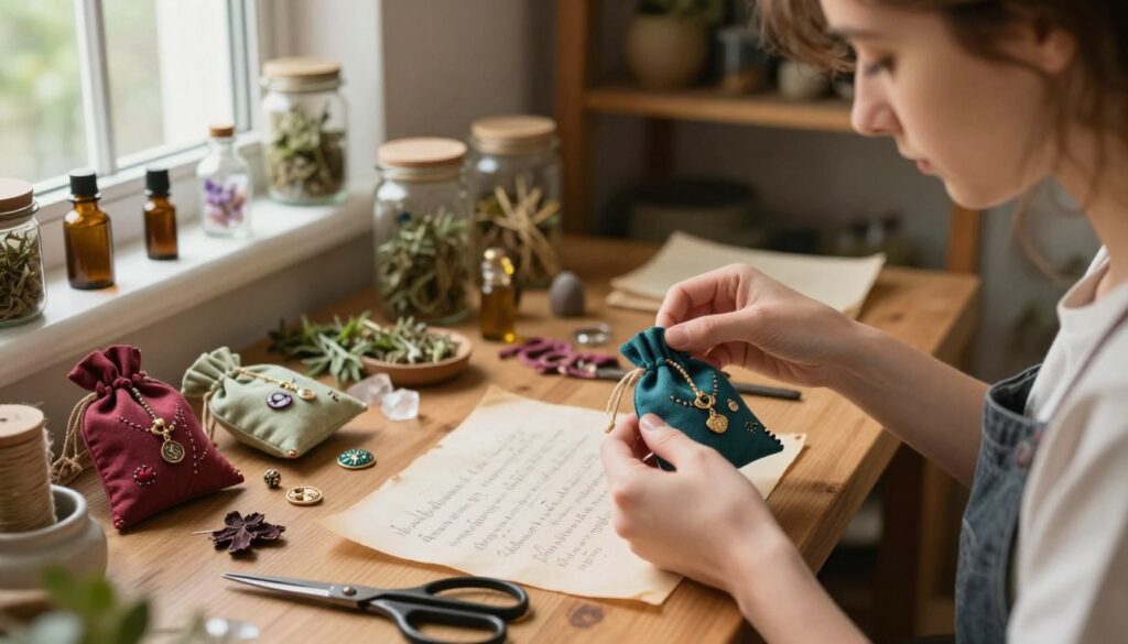 A serene and inviting workspace dedicated to the creation of love amulets and sachets. In the foreground, a skilled artisan meticulously arranges delicate crystals, herbs, and symbolic charms into small, colorful fabric pouches adorned with intricate stitching. Soft natural light from a nearby window illuminates their focused expression, highlighting the craftsmanship involved. The middle ground features a wooden table cluttered with tools like scissors, thread, and parchment filled with handwritten incantations. In the background, shelves lined with jars of herbs and oils create a warm and mystical ambiance. The overall mood is tranquil and enchanting, evoking a sense of magic and intention in the ritual of love amulet creation.