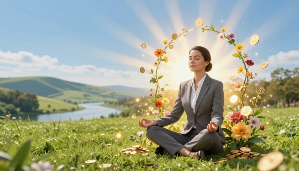 A serene and luminous scene depicting the concept of abundance visualization. In the foreground, a professional woman in smart business attire sits cross-legged on a soft, lush green lawn, her eyes closed in meditation, surrounded by floating golden coins, shimmering light, and vines with colorful flowers symbolizing prosperity. In the middle, bright rays of sunlight break through a clear blue sky, illuminating the woman and creating a warm, inviting glow around her. In the background, a tranquil landscape of rolling hills and a calm river inspired by nature indicates security and peace. The overall atmosphere is uplifting, fostering a sense of hope, clarity, and profound connection to financial abundance.