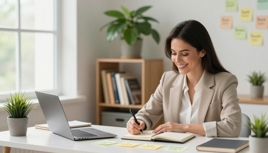 A serene and motivational workspace scene depicting techniques for integrating affirmations into daily routines. In the foreground, a confident woman in professional attire sits at a beautifully organized desk, writing affirmations in a journal with a warm smile, surrounded by inspirational quotes on sticky notes. In the middle, a cozy bookcase filled with self-help books and a large green plant creating a calming atmosphere. The background shows a bright window with soft natural light pouring in, giving a sense of openness and tranquility. The overall mood is uplifting and encouraging, emphasizing personal growth and connection. The composition is captured with a soft focus and balanced lighting, evoking a sense of peace and motivation.