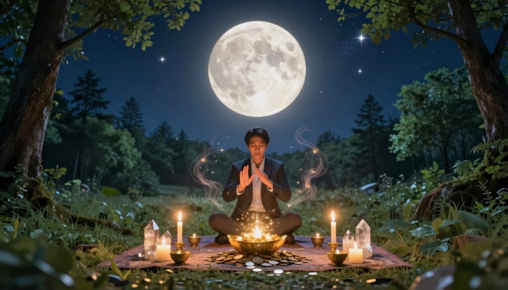 A serene and mystical landscape depicting a moonlit ritual for wealth and abundance, inspired by the phases of the moon. In the foreground, a beautifully arranged altar with candles, crystals, and coins, radiating a soft golden light. The middle ground features a figure dressed in professional business attire, performing an ancient gesture of invocation, surrounded by ethereal wisps of energy. In the background, a night sky filled with vibrant stars and a large, glowing full moon casts a gentle light over a lush, green forest. The atmosphere is tranquil and reverent, invoking a sense of prosperity and connection to nature, with subtle hints of magical realism. The composition is captured in a wide-angle view, enhancing the depth of the scene with rich colors and soft shadows. A serene and mystical landscape depicting a moonlit ritual for wealth and abundance, inspired by the phases of the moon. In the foreground, a beautifully arranged altar with candles, crystals, and coins, radiating a soft golden light. The middle ground features a figure dressed in professional business attire, performing an ancient gesture of invocation, surrounded by ethereal wisps of energy. In the background, a night sky filled with vibrant stars and a large, glowing full moon casts a gentle light over a lush, green forest. The atmosphere is tranquil and reverent, invoking a sense of prosperity and connection to nature, with subtle hints of magical realism. The composition is captured in a wide-angle view, enhancing the depth of the scene with rich colors and soft shadows.