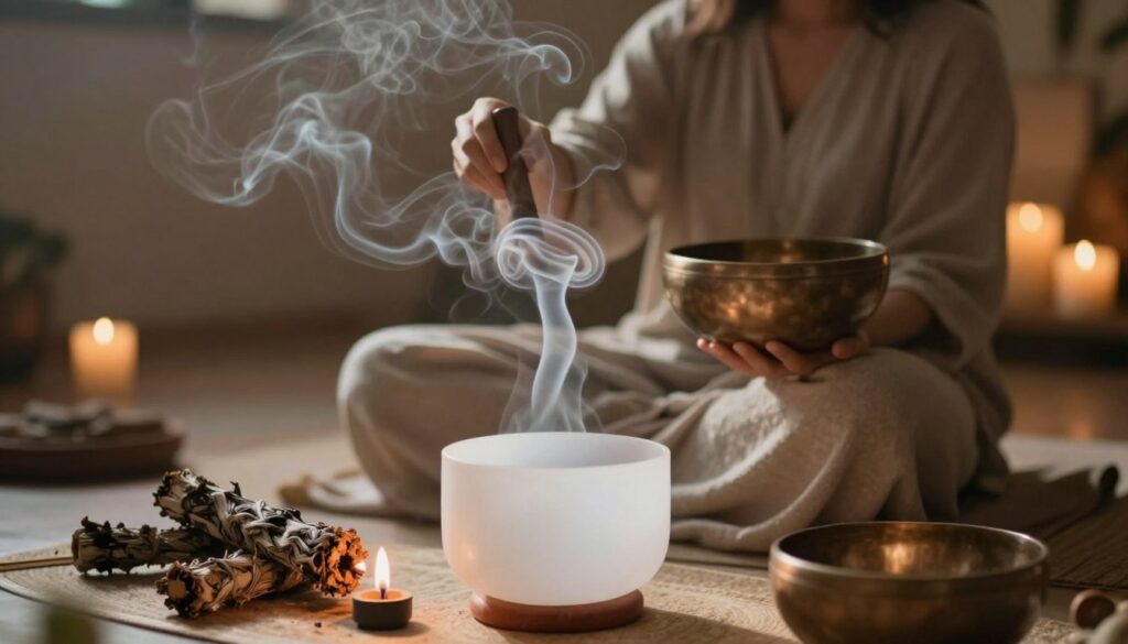 A serene and mystical scene depicting the interaction of smoke and sound in an energetic cleansing ritual. In the foreground, a beautifully arranged altar with lit sage and a clear crystal bowl, smoke gently rising and swirling, creating ethereal patterns. The middle ground features a figure dressed in modest, flowing attire, gracefully using a singing bowl, the resonant sound waves visibly rippling through the air. The background should be softly illuminated by warm, ambient lighting, casting a gentle glow that enhances the tranquil atmosphere. Subtle, abstract shapes representing positive energy flow can be integrated into the background, blending with the smoke, creating a harmonious and calming vibe. The overall mood is peaceful and reflective, inviting the viewer to experience a sense of renewal and purification.